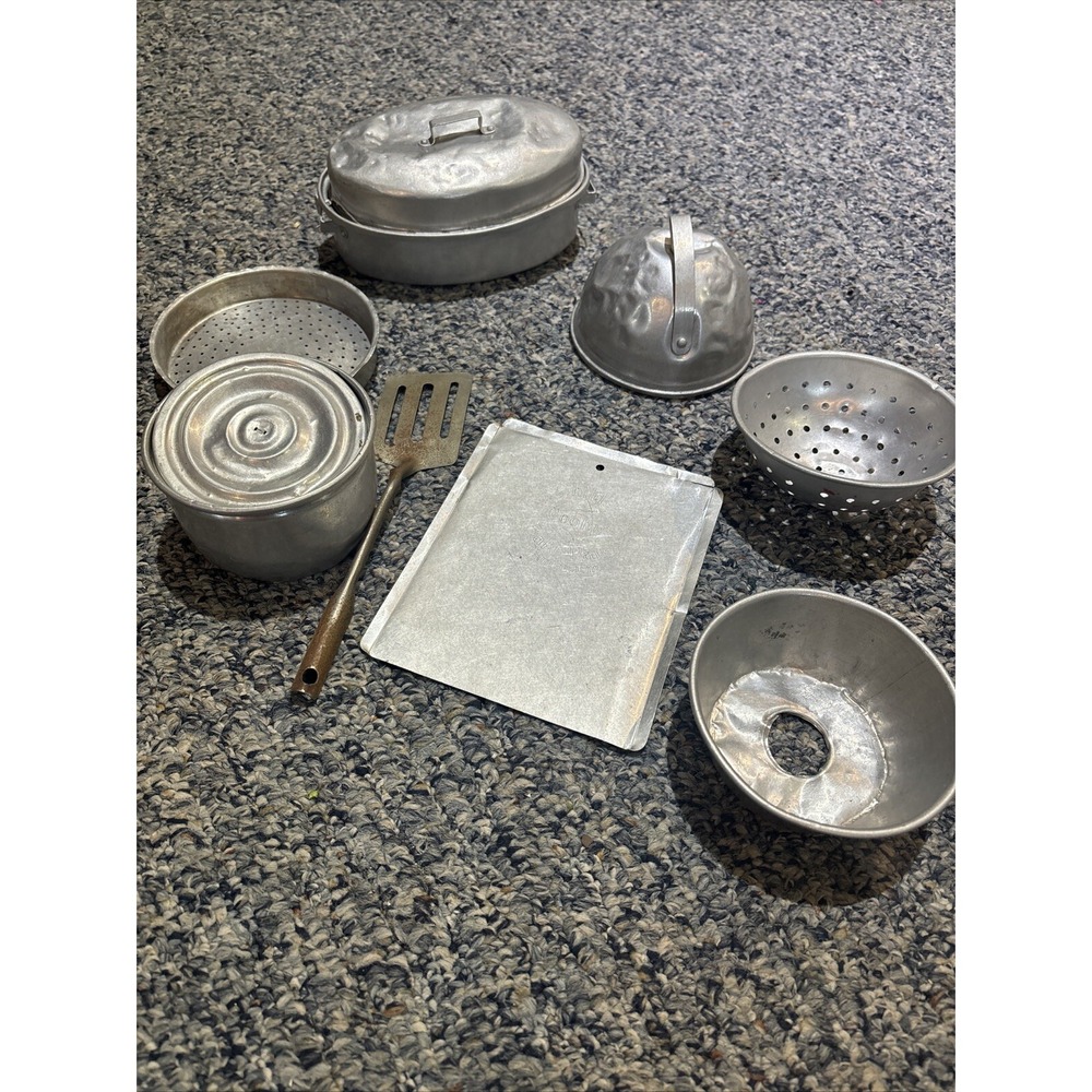 Vintage Children's 10 Pc. Kitchen Aluminum Tin Pots Pans Bakeware Toys Child